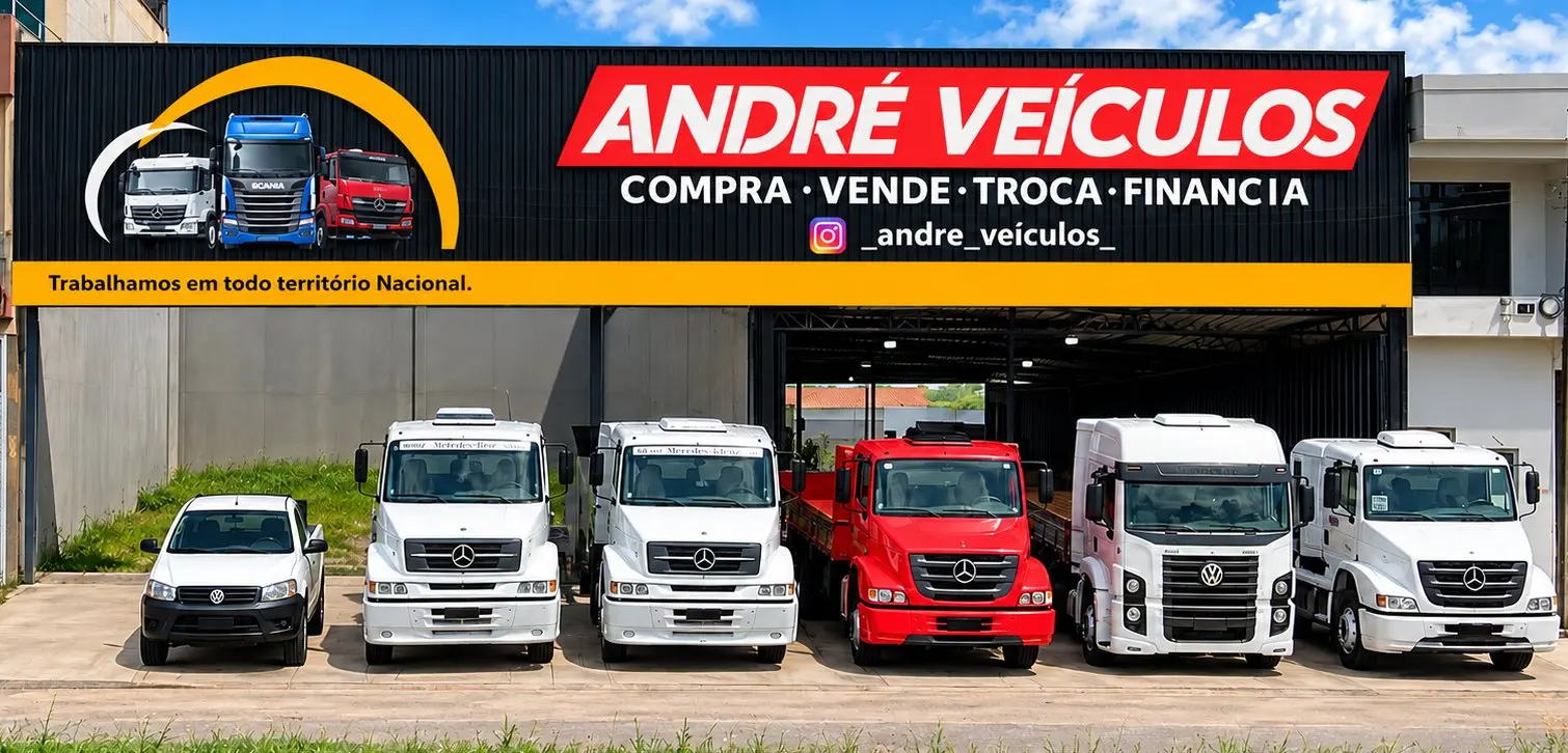 Fachada da André Veículos, com caminhões seminovos no pátio